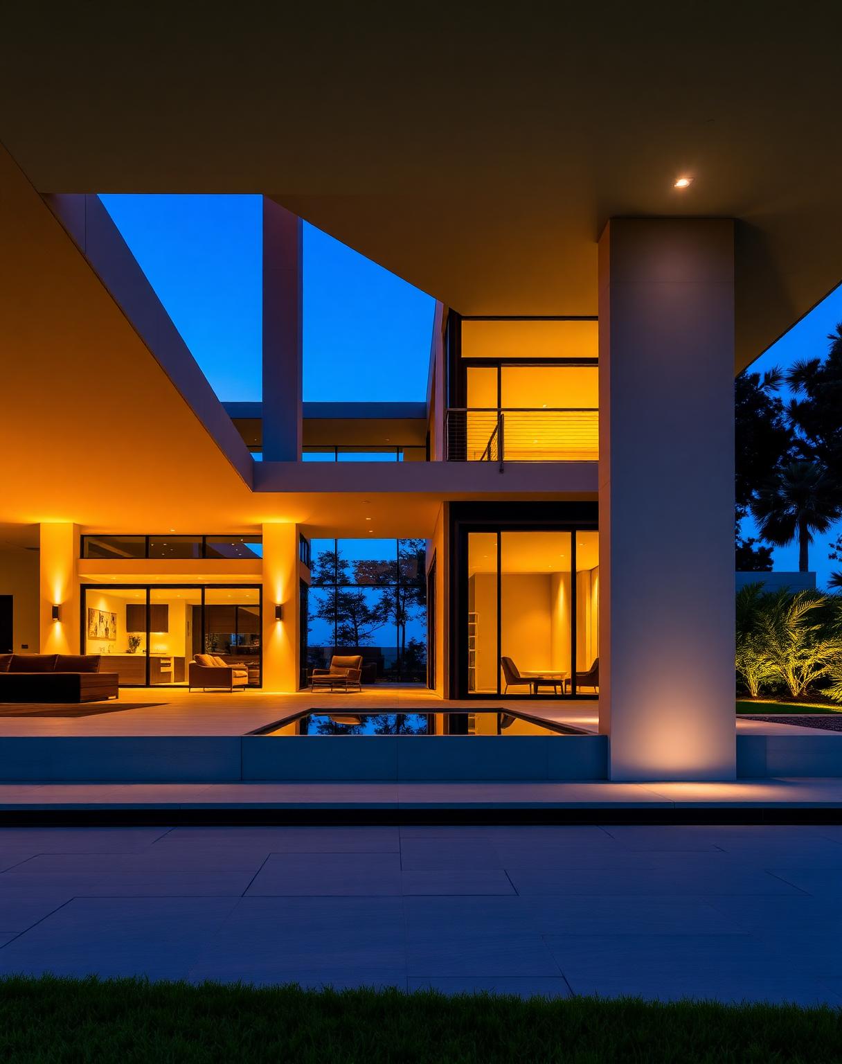 Modern architectural luxury home at dusk with warm interior lighting